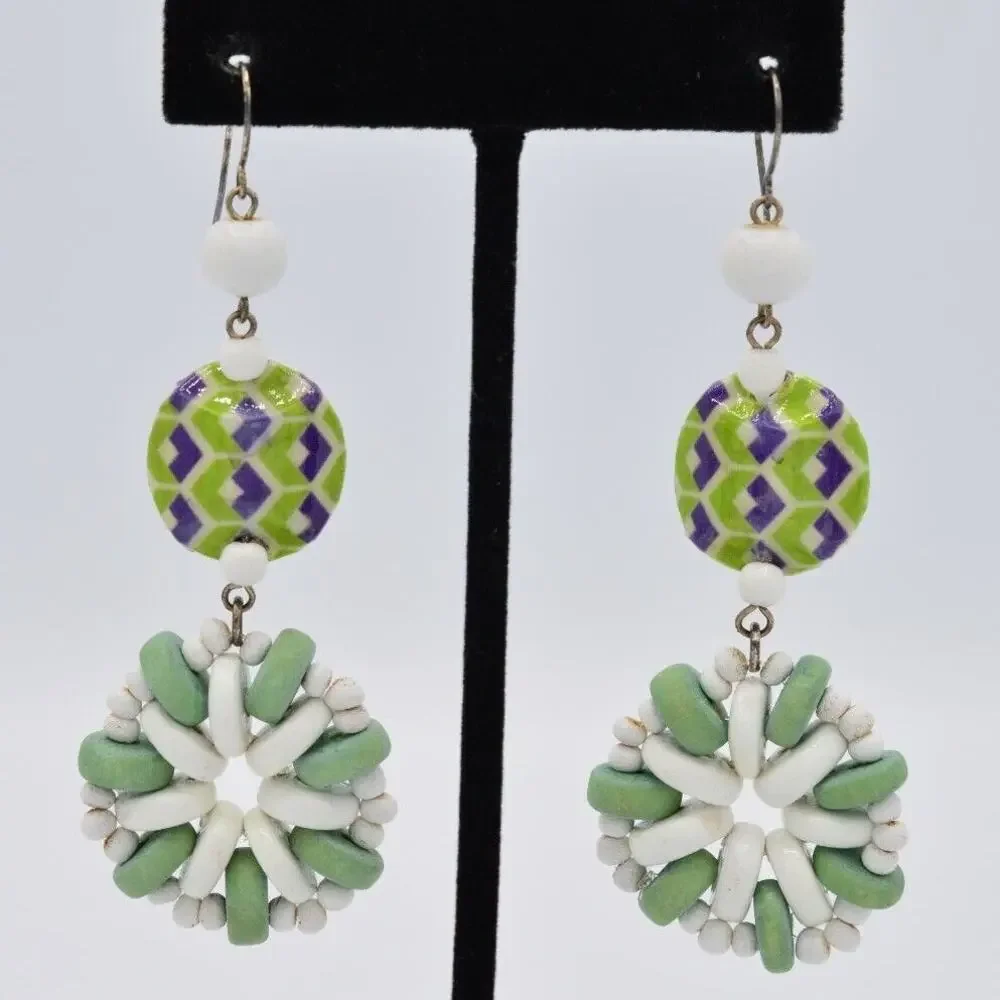 Vintage Statement Earrings Dangle Wooden Beaded Green White Funky 70s 80s 9L